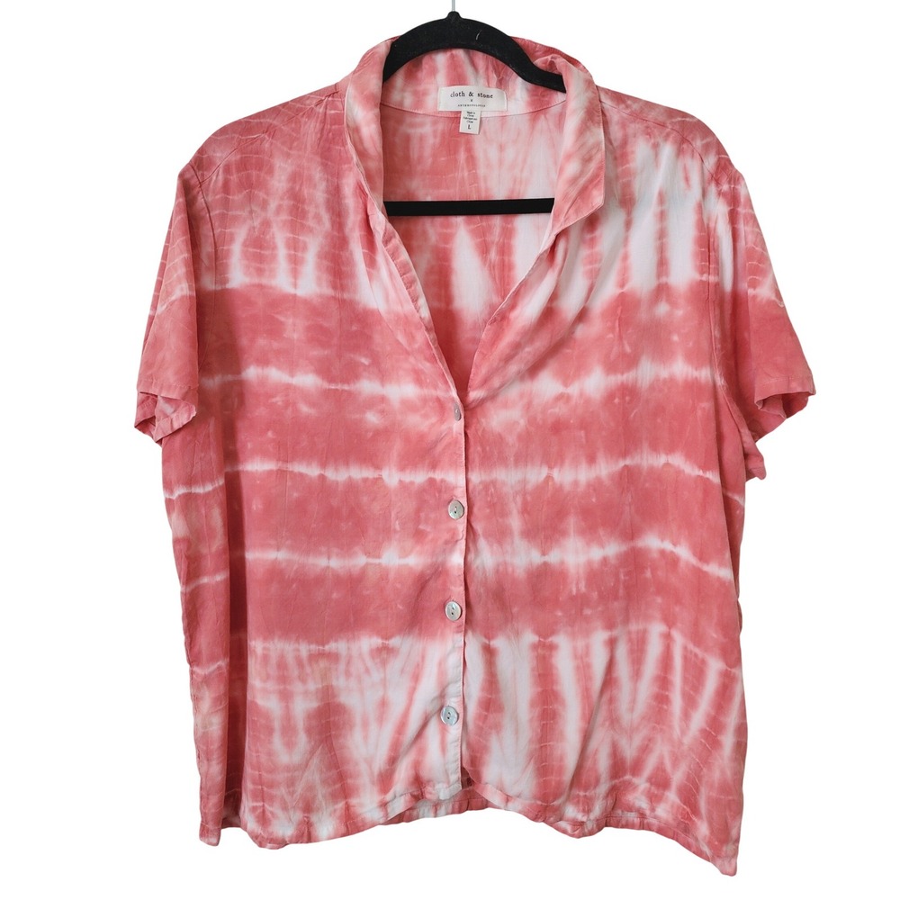 Cloth & Stone Anthropologie Tie Dye Short Sleeve Collared Button Up Shirt Top L